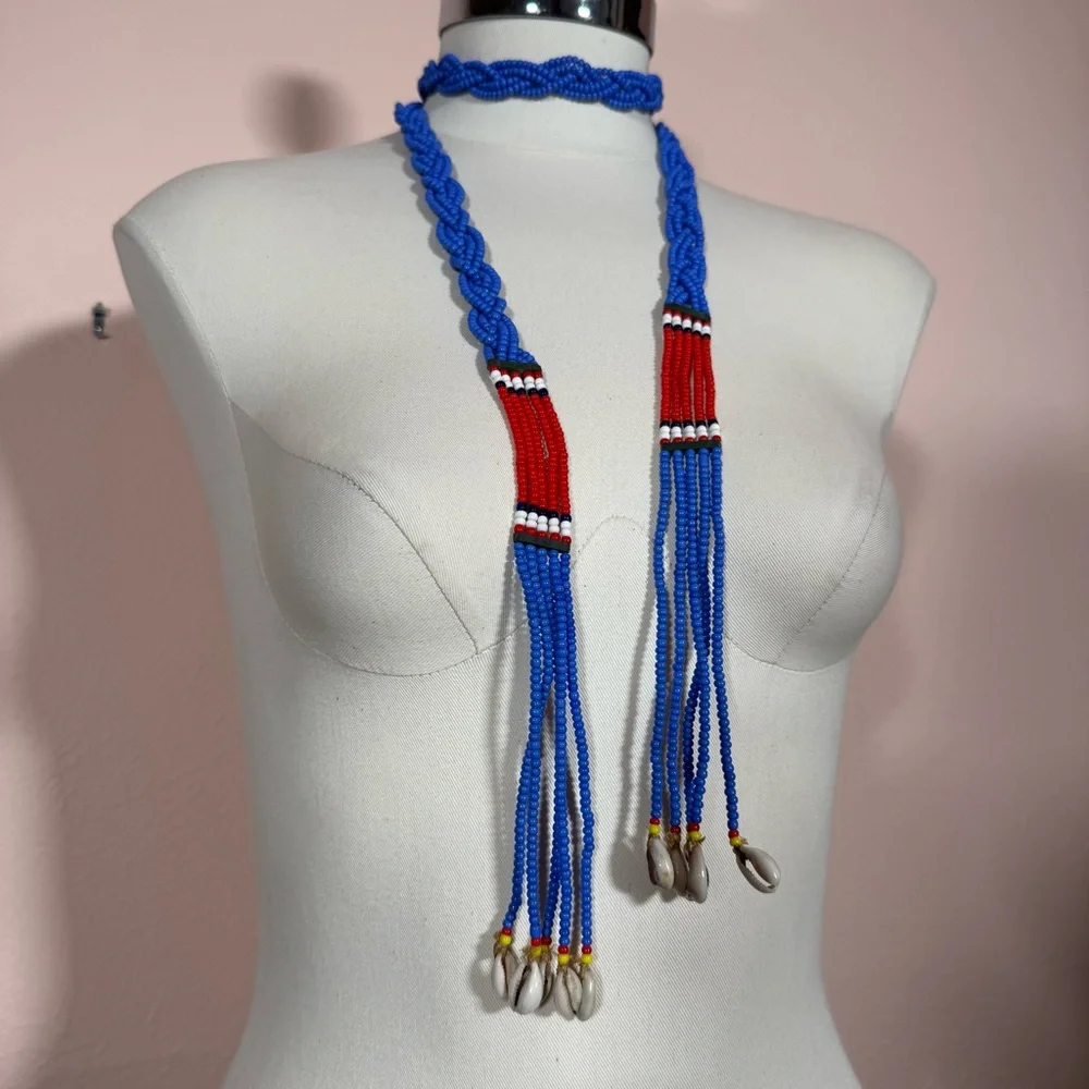 Vintage southwestern red blue Beaded Belt necklace shell tassels adjustable
